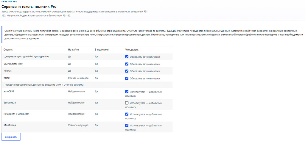 CRM и учётные системы в текстах — интерфейс FZ-152 RF